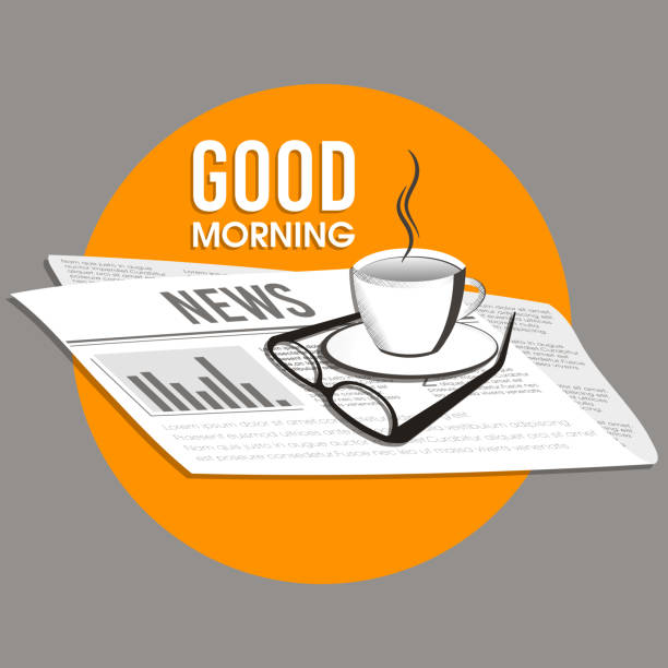 Illustration of Good morning with a coffee or tea cup,glasses and newspaper Design of Good morning greeting card. Indian Newspaper Day stock illustrations