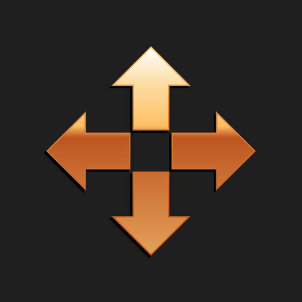 istock Gold Arrows in four directions icon isolated on black background. Long shadow style. Vector 1291265756