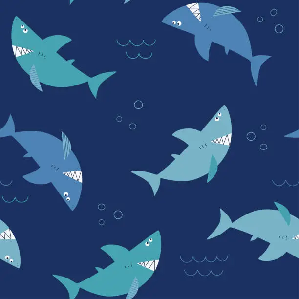 Vector illustration of Cartoon sharks. Seamless pattern with funny sharks on a blue background.. Vector children's illustration. Marine theme. For the design of textiles, fabric, wallpaper, wrapping paper.