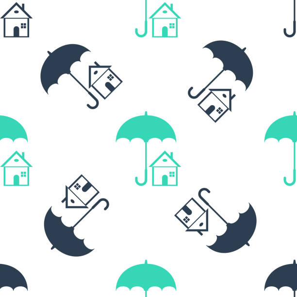 zielony dom z ikoną parasola izolowany bezszwowy wzór na białym tle. symbol ubezpieczenia nieruchomości. ochrona, bezpieczeństwo, bezpieczeństwo, ochrona, koncepcja obrony. wektor - insurance rain insurance agent umbrella stock illustrations