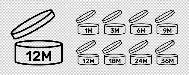 ilustrações, clipart, desenhos animados e ícones de período após ícones abertos isolados em fundo transparente. símbolos pao. caixa redonda com tampa aberta. prazo de validade em meses de sinais para embalagens cosméticas. ilustração vetorial - 6 12 months illustrations