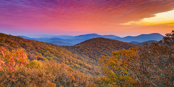A dramatic sunrise over the Blue Ridge mountains displays vibrant colors of pink, purple and orange on a crisp fall morning.