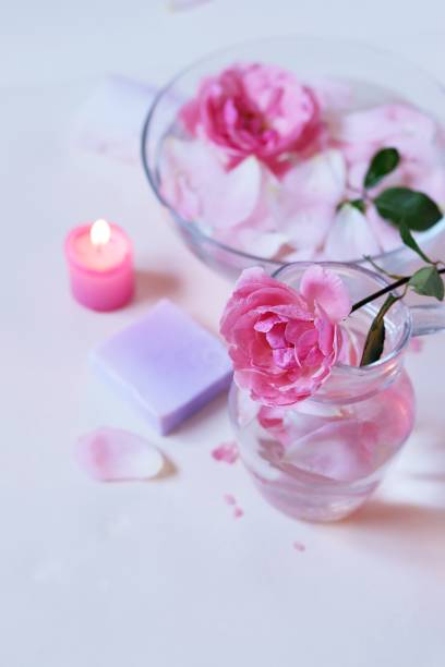istock Fresh pink roses, water, petals, candles on a light background 1291269284