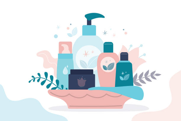 ilustraciones, imágenes clip art, dibujos animados e iconos de stock de regalo conjunto de cosméticos orgánicos para las mujeres. varias botellas, tubos y frascos para el cuidado de la piel. cosméticos femeninos: geles, lociones y cremas para el cuidado del cuerpo - hygiene