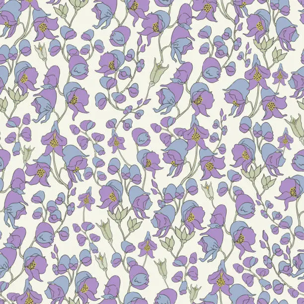 Vector illustration of Vector hand-drawn Aconitum(wolf's bane) Flower motif floral seamless repeat pattern