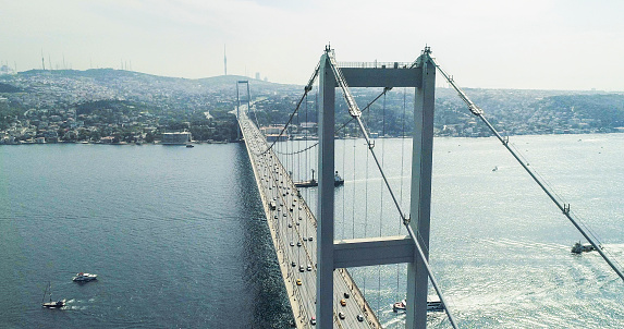 Istanbul Bosphorus Bridge, 15 July Martyrs Bridge from Sky Aerial view. Istanbul Turkiye.