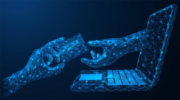 The hand from the monitor requests the user's Bank credit card. The hand from the monitor requests the user's Bank credit card. Threat to the security of electronic banking. Polygonal construction of concatenated lines and points. Blue background. game developer stock illustrations