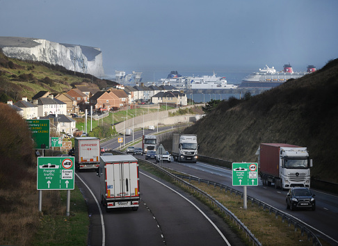 Freight lorries and traffic pass through the port of Dover - closest part of the UK to France and ferry terminal to the continent of Europe