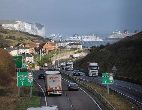 Freight lorries and traffic pass through the port of Dover - closest part of the UK to France and ferry terminal to the continent of Europe