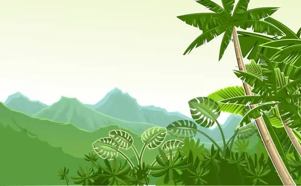 Vector illustration of Tropical jungle landscape. Plants, shrubs and palms. Sky. Cartoon flat style. Mountains on the horizon. Background illustration. Vector