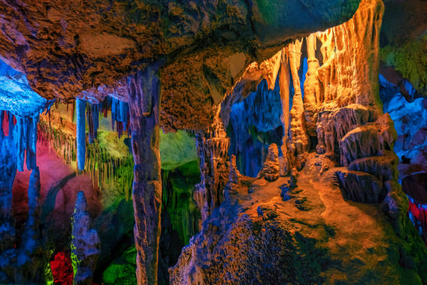 Abstract View of Stalactites and Stalagmites with Vivid Color Manipulation Details of rock formations of Keloğlan Cave in Denizli, Turkey denizli stock pictures, royalty-free photos & images