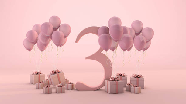 istock Number 3 birthday celebration pink gift box and pink balloons. 3D Render 1291280406