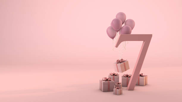 istock Number 7 birthday celebration pink gift box and pink balloons. 3D Render 1291280412
