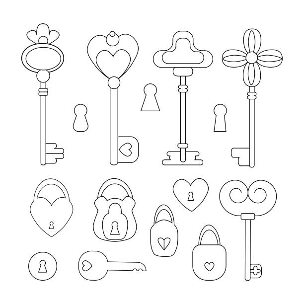 ilustrações de stock, clip art, desenhos animados e ícones de collection set of vintage decorative skeleton keys and locks vector illustration. black outline icon isolated on white background. romantic, love, valentines day concept - skeleton key