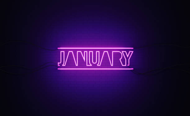 Purple Neon Light Writes January on Black Bricked Wall
