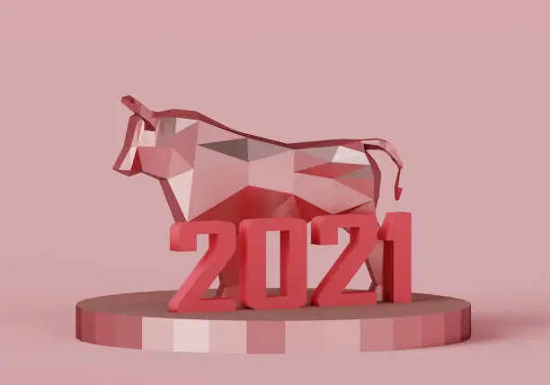 Photo of Souvenir of a low poly Red Metallic Bull on a stand with the number 2021, a symbol of the new year, 3d render