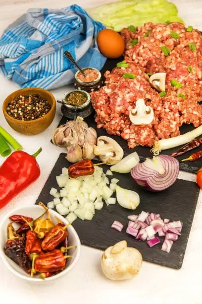 Freshly prepared meatloaf ready for the oven with ingredients. Minced meat with chili spices and sausage. Making classic meatloaf with ground beef.