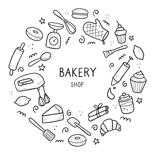 Hand drawn set of baking and cooking tools Hand drawn set of baking and cooking tools, mixer, cake, spoon, cupcake, scale. Doodle sketch style. Illustration for frame, banner, bakery site design. cooking borders stock illustrations