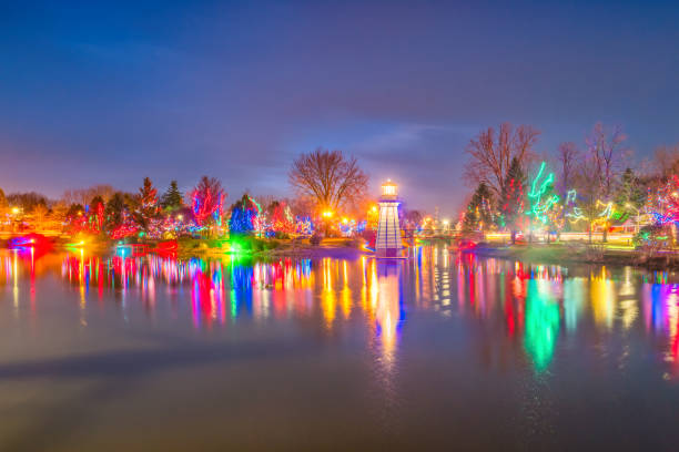Christmas lights illuminate the path around Lafarge Lake, British Columbia.