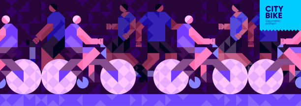 Vector illustration. Background pattern, city street, passers-by and cyclists. Abstract, background patterns, triangular mosaics, stylized polygonal images, geometric backgrounds, large width.