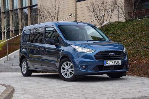 Berlin, Germany - 17th February, 2019: Ford Transit Connect on a street. This model is one of the most popular commercial vehicles in Europe.