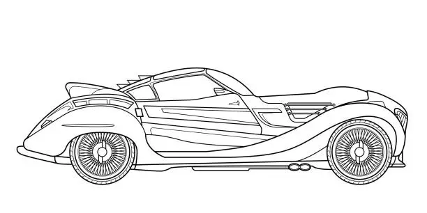 Vector illustration of Vector line art car, concept design. Vehicle black contour outline sketch illustration isolated on white background.