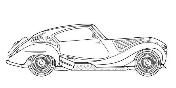 Vector illustration of Vector line art car, concept design. Vehicle black contour outline sketch illustration isolated on white background.