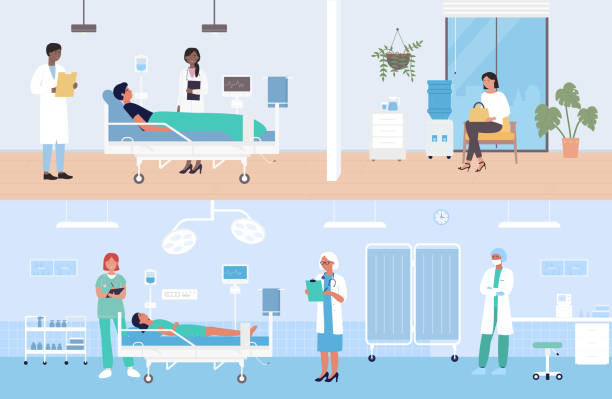 Hospital modern medical ward with patients people set Hospital modern medical ward with patients vector illustration set. Cartoon man woman character lying with dropper intensive therapy, doctor nurse visiting patients for medicine treatment background hospital emergency sign stock illustrations
