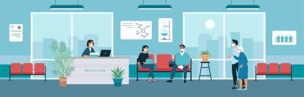Hospital reception office hall with patient characters Hospital reception office hall vector illustration. Cartoon man woman patient characters in medical masks sitting in chairs, waiting doctor appointment in lobby, receptionist standing behind counter hospital emergency stock illustrations