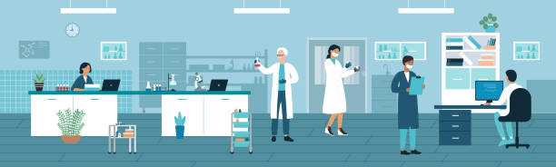Doctor people work in medical laboratory with lab test tubes Doctor people work in medical laboratory vector illustration. Cartoon man woman medic researcher characters working with lab test tubes and flasks, scientists in analysis medicine research background laboratory stock illustrations