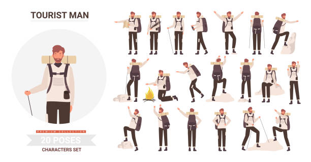 Man tourist traveler adventure poses set, tourism activity Man tourist traveler adventure poses vector illustration set. Cartoon bearded young male hiker character with backpack posing in tourism activity, traveling, hiking and climbing isolated on white hiking stock illustrations
