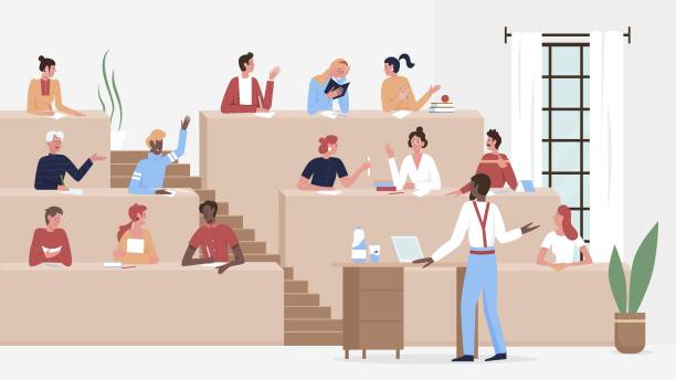 Students study in university or college lecture hall Students study in university or college lecture hall vector illustration. Cartoon lecturer teacher or professor teaching young characters, sitting in classroom, education training seminar background presentation speech backgrounds stock illustrations