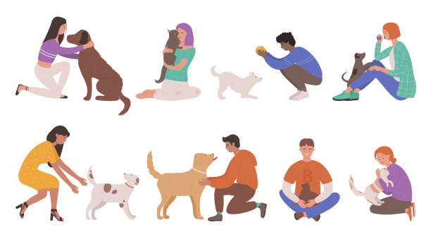ペットの飼い主の人々は抱き合い、手をつないで犬や猫を愛する - training点のイラスト素材／クリップアート素材／マンガ素材／アイコン素材