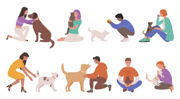 Vector illustration of Pet owners people hug, hold in hands and love dog or cat