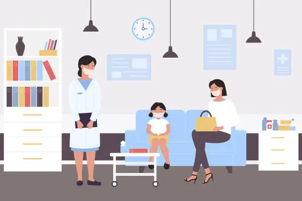 Vector illustration of People wait pediatric checkup, cartoon mother with girl kid