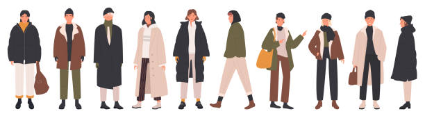 People wear winter clothes set, stylish coat or trendy suit Cartoon man woman characters wearing different winter seasonal clothing. People wear winter clothes vector illustration set. Stylish warm coat or trendy suit, young and old models isolated on white winter fashion stock illustrations