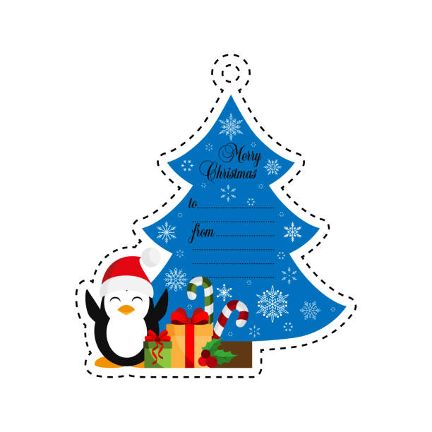 illustrazioni stock, clip art, cartoni animati e icone di tendenza di albero di natale e pinguino con regali. buono regalo - google penguin