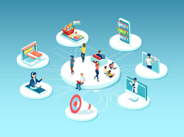 Vector of people surrounded by many online services, education, health care, shopping, customer support Vector of diverse people surrounded by many online services, education, health care, shopping, customer support digital price stock illustrations