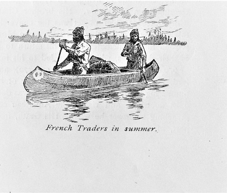 French Traders paddle a canoe. Illustration published in The New Eclectic History of the United States by M. E. Thalheimer (American Book Company; New York, Cincinnati, and Chicago) in 1881 and 1890. Copyright expired; artwork is in Public Domain.