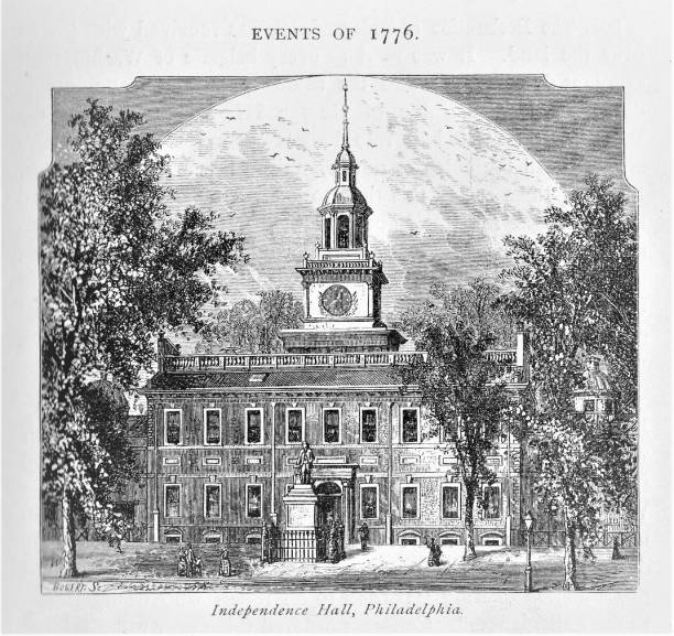 Independence Hall, Philadelphia, Pennsylvania Independence Hall, Philadelphia, Pennsylvania.. Illustration published in The New Eclectic History of the United States by M. E. Thalheimer (American Book Company; New York, Cincinnati, and Chicago) in 1881 and 1890. Copyright expired; artwork is in Public Domain. us constitution stock illustrations