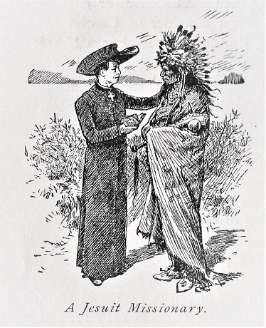 A Jesuit Catholic missionary holding a Bible preaches to a Native American man. Illustration published in The New Eclectic History of the United States by M. E. Thalheimer (American Book Company; New York, Cincinnati, and Chicago) in 1881 and 1890. Copyright expired; artwork is in Public Domain.