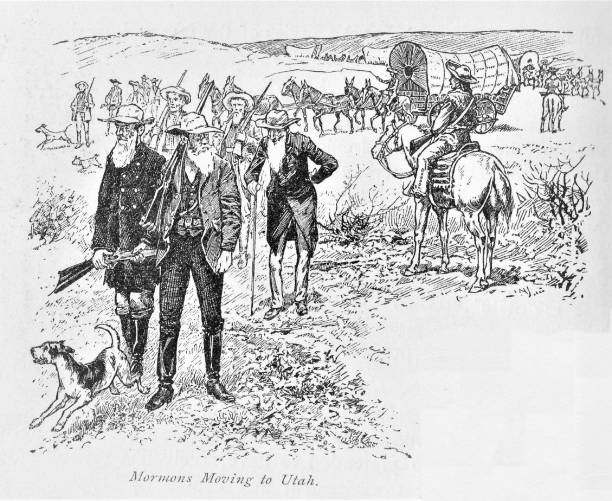 Mormons Brigham Young leads the Latter Day Saints to Utah territory in 1847. Illustration published in The New Eclectic History of the United States by M. E. Thalheimer (American Book Company; New York, Cincinnati, and Chicago) in 1881 and 1890. Copyright expired; artwork is in Public Domain. mormonism stock illustrations