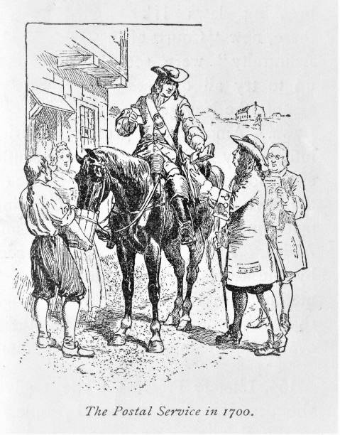 United States Postal Service, using horses, started in 1700. Illustration published in The New Eclectic History of the United States by M. E. Thalheimer (American Book Company; New York, Cincinnati, and Chicago) in 1881 and 1890. Copyright expired; artwork is in Public Domain.