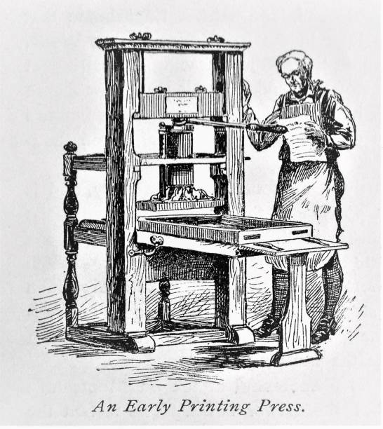 Printing Press An early Printing Press. Illustration published in The New Eclectic History of the United States by M. E. Thalheimer (American Book Company; New York, Cincinnati, and Chicago) in 1881 and 1890. Copyright expired; artwork is in Public Domain. Christine Kohler stock illustrations