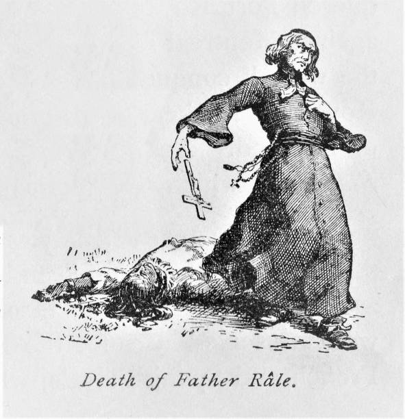Catholic priest, Father Rale, was killed and his village burned in the early 1700s because he converted and taught Native Americans. Illustration published in The New Eclectic History of the United States by M. E. Thalheimer (American Book Company; New York, Cincinnati, and Chicago) in 1881 and 1890. Copyright expired; artwork is in Public Domain.