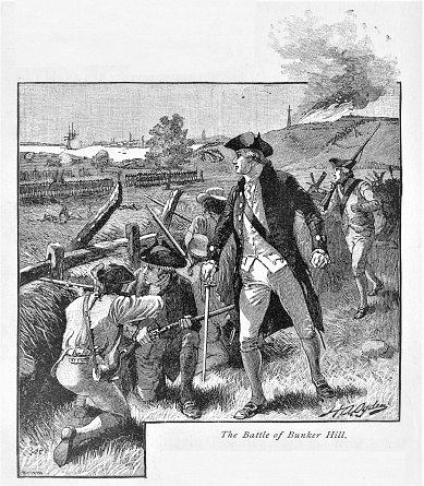 Bunker Hill battle, the siege of Boston, Massachusetts during American Revolutionary War, June 17, 1775. Illustration published in The New Eclectic History of the United States by M. E. Thalheimer (American Book Company; New York, Cincinnati, and Chicago) in 1881 and 1890. Copyright expired; artwork is in Public Domain.