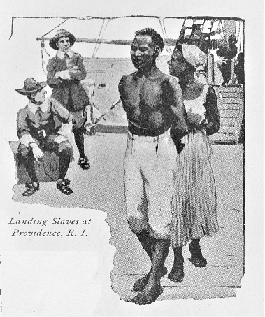 African slaves arrive in Rhode Island in Colonial America. Illustration published in The New Eclectic History of the United States by M. E. Thalheimer (American Book Company; New York, Cincinnati, and Chicago) in 1881 and 1890. Copyright expired; artwork is in Public Domain.