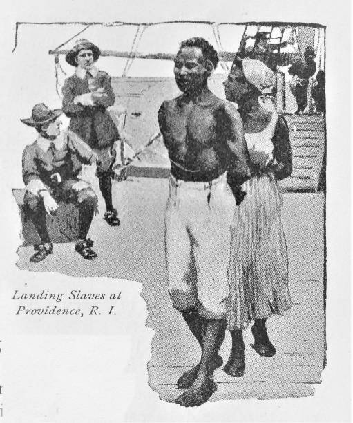 Slaves Disembark a Ship African slaves arrive in Rhode Island in Colonial America. Illustration published in The New Eclectic History of the United States by M. E. Thalheimer (American Book Company; New York, Cincinnati, and Chicago) in 1881 and 1890. Copyright expired; artwork is in Public Domain. Christine Kohler stock illustrations