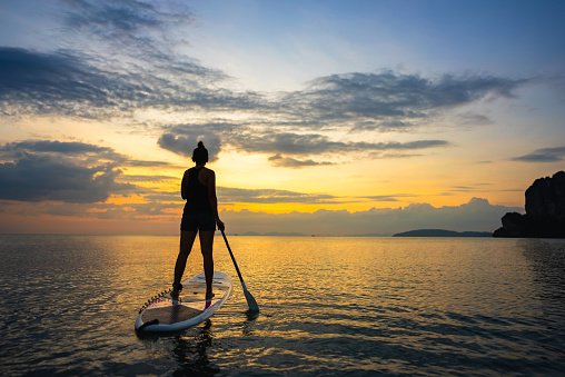 Silhouette of Asian woman standing on sup board with paddleboarding on the sea