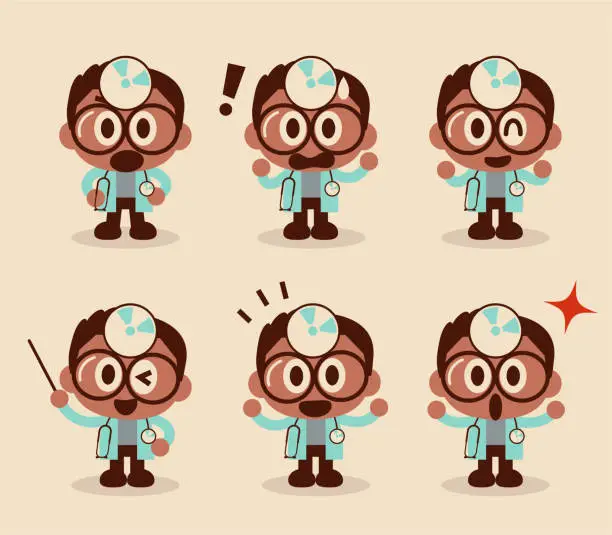 Vector illustration of Collection of cute doctor characters with a big head and small body and concave mirror and stethoscope and 6 facial expressions